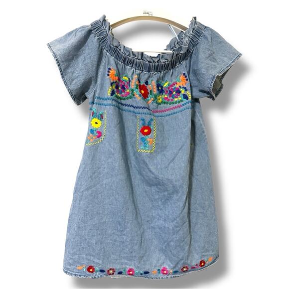 Karlie large denim embroidered floral off the shoulder summer boho dress casual - Picture 1 of 10